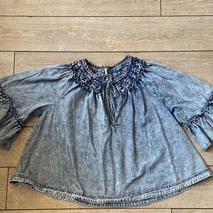 Free People Denim Blue Blouse with Ruffled Neckline M